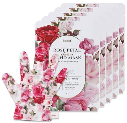 Koelf PETITFEE Rose Petal Satin Hand Mask (5pairs) - Intensive Nourishing, Moisturizing Gloves, Rose Scented Hand Repair Masks with Peptide, Collagen, Shea Butter for Silky Smooth Hand Treatment