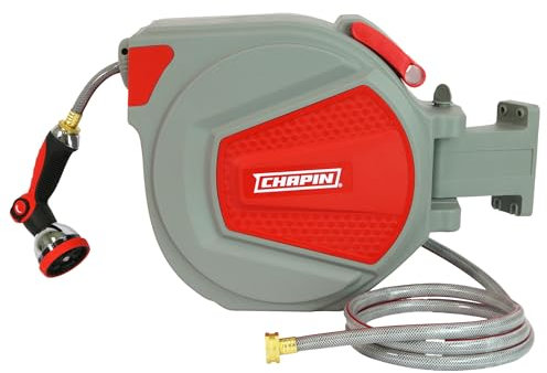 Chapin 5999: 19,8 m einziehbare Gartenschlauchtrommel, wandmontiertes robustes Kunststoffgehäuse und 180° drehbare Rahmenhalterung, automatischer Einzug und Verriegelungsschlauch, mit 10 Positionen,