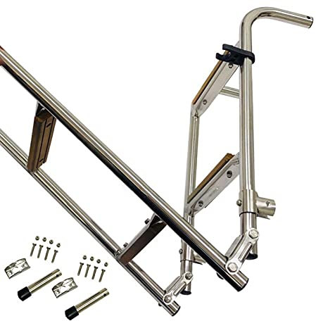 Pontoons Folding Boat Ladder with Wood Rung, 5 Step Marine Stern Mount Boarding Ladders, for Inflatable Boat/Swim Pool/Deck, Load: 150kg