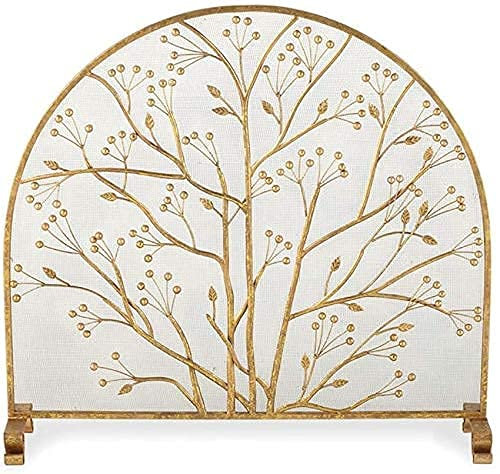 LIDDFAFA Funkenschutz, einteiliger Kaminschutz aus goldenem Eisen – Flacher Kaminschutz mit rustikaler, abgenutzter Oberfläche, Baumblatt-Aufkleber, 90 cm hoch. Das Neue