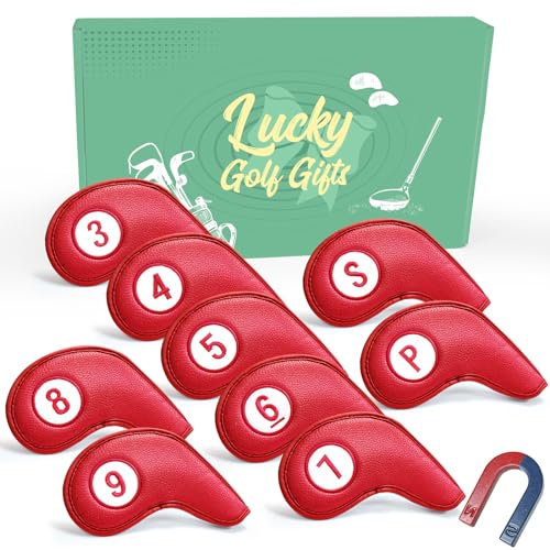 AMRTA Golf Iron Head Covers for Golf Clubs Synthetic Leather with Gift Box, Deluxe Club Headcover Universal Fit Main Iron Clubs Great Gift for Golfer Men Women (Magnetic Closure 9 Pcs-Red)