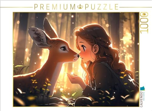 CALVENDO Puzzle Manga Illustration - Mädchen mit REH im Wald | 1000 Teile Lege-Größe 64 x 48 cm Foto-Puzzle für glückliche Stunden