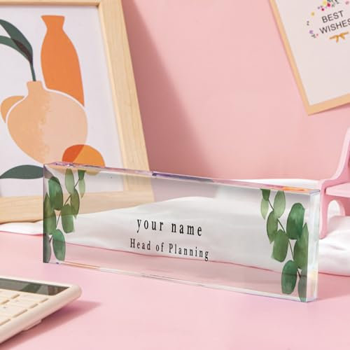 Placa de identificación de escritorio personalizada elegante con hojas de eucalipto, placa de identificación de acrílico personalizada para escritorio, ideal para decoración de oficina en casa, regalo