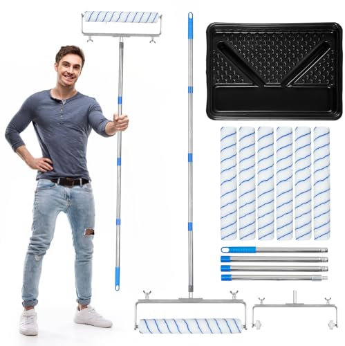 12 Pcs 18 Inch Paint Roller Kit- 18 Inch Paint Roller Tray, 12-18 Adjustable Roller Frame & Thickened Extendable Steel Pole, Large Paint Roller Sleeves with Tray for Painting Wall Ceiling