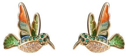 Enamel Flying Hummingbird Stud Earrings for Women 925 Sterling Silver Post Pin Crystal Colorful Enameled Tiny Small Animal Piercing Earring Boho Retro Delicate Metal Statement Jewelry Gfits