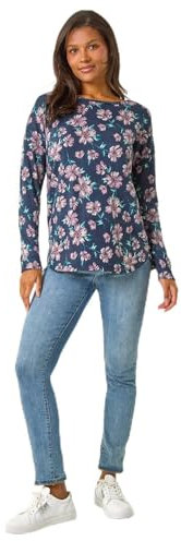 Roman Originals Floral Soft Stretch Jersey Top for Women UK - Ladies Everyday Autumn Winter Round Neckline Comfy Soft Evening Vacation Work Party Night Out - Navy & Pink - Size 12