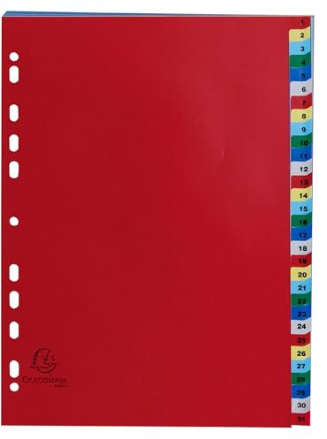 Exacompta - Réf. 93E - Carton de 20 Intercalaires en polypropylène avec 31 onglets imprimés numériques de 1 à 31 en couleur - Page d'indexation imrpimable - Format à classer A4 - 22,5 x 29,7cm
