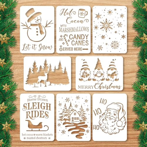 8stk Wiederverwendbare Weihnachtsschablonen, 28x20,3cm Große Merry Christmas-Schablonen Weihnachtsbaum Weihnachtsmann Winterferien-Vorlagen zum Malen auf Holz Bauernhaus Wänden Stoff