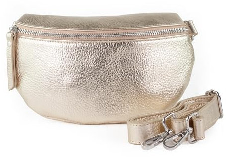 lePelou Leder Bauchtasche in metallic für Damen, Festival Tasche, Frauen Bauchtasche mit breitem Schultergurt, Kleine Umhängetasche, Crossbody Tasche, Geschenk für Damen (Gold, S)
