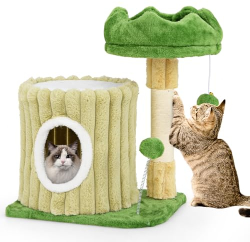 COSTWAY Cat Tree, Modern Cat Tower with Condo, Plush Padded Perch, Sisal Scratching Posts, Spring Toy & Dangling Ball, Small Kitten Activity Furniture for Indoor Cats