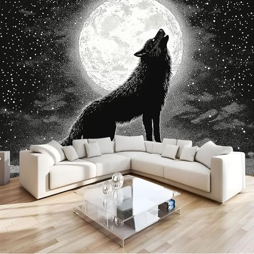 JEDTAKCT Papier Peint Panoramique Loup Noir Hurlant 400X280Cm Poster Geant Mural 3D, Tapisserie Photo Peinture Murale, Papier Peint Luneciel Étoilé Fresque Pour Salon Chambre Toile Fond Tv