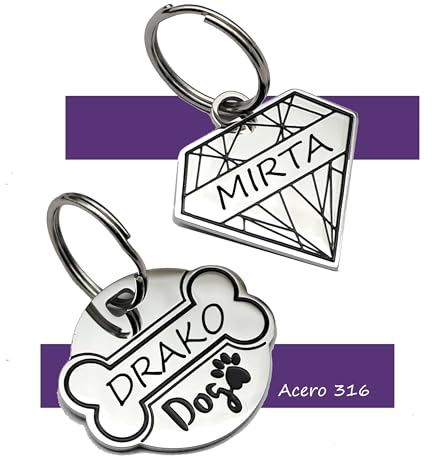 Chapa Perro grabada-Placa Perro Personalizada de Acero Inoxidable para Collar- Calidad Acero Extra- Placa identificativa para Canes medianos y Grandes