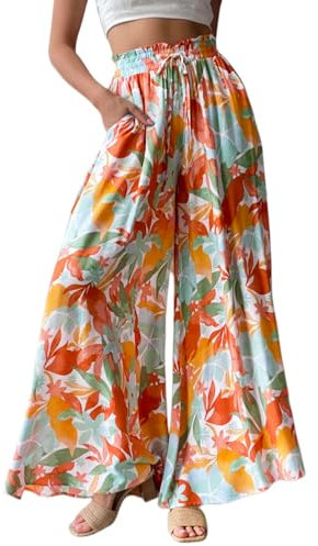 ROFUSSO Damen Weite Sommerhos Casual Leichte Palazzo Hose Freizeithose Hohe Taille Elastisch Sommerhose Elegante Einfarbig Stoffhose mit Taschen Kordelzug(A-Rot,L)