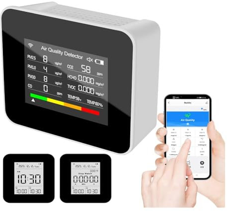 Asyduey 1 Piece Air Quality Monitor Indoor, As Shown ABS+PP for CO,CO2,TVOC,HCHO,PM2.5,PM10 for House Kitchen and House