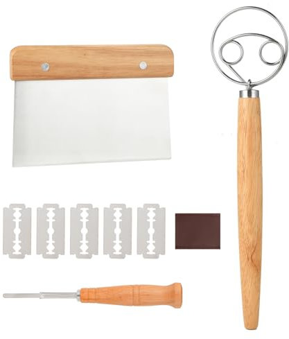 3er-Set Dänischer Teigbesen - Teigkarte - Teigmesser, 33 cm Teigrührer aus Edelstahl mit Eichenholzgriff, mit 5 Klingen und Aufbewahrungstasche, perfekt für Brotformgebung, Brotbacken