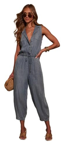 SaiDeng Salopette da donna in denim lungo, comoda tuta elasticizzata con tasche, vita regolabile e bretelle, pantaloni estivi in cotone, Blu, L
