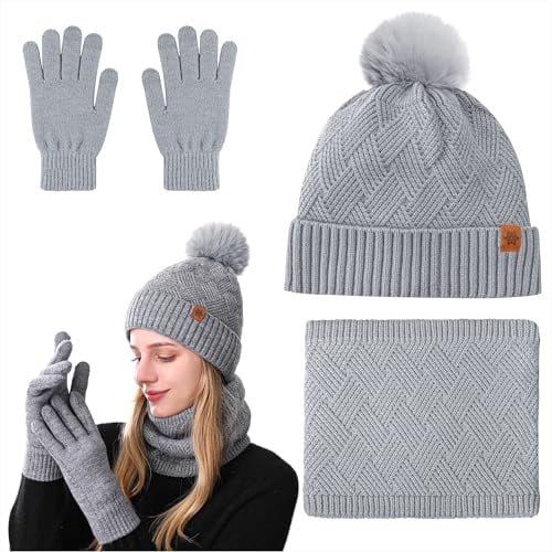 Qzakce Damen Mütze Schal und Touchscreen Handschuhe Set Winter Wärmer Fleece Stricken Beanie Mütze Schal Winterhandschuhe Weihnachten Geschenk für Frauen Mädchen Damen