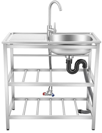Qussse Freistehende Edelstahl Spültisch, Küchenspüle mit Unterschrank & Plattform, Mobile Outdoor Spüle, Gewerbliche Spülbecken für Küchen, Restaurant und Hinterhöfe, 75x40x78cm