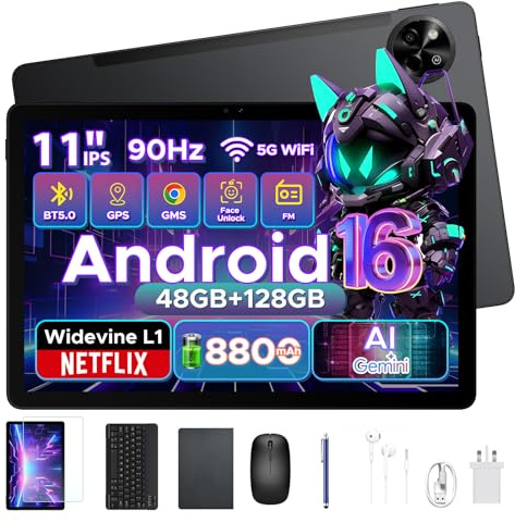 POCKAM P11 Android 16 Tablet, 11 Inch Tablet with 48GB RAM+128GB ROM/TF 2TB, T7250 Android Tablets with 90Hz Display, 8800mAh, 13MP+5MP, Gemini AI, Widevine L1, Face ID, 5G WIFI, Pen, Keyboard, Black