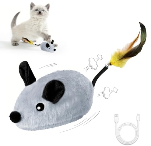 Pixibond Interactive Mouse Cat Toy, Automatic Moving Fake Rat Mouse Cat Toy, Realistic Rechargeable Dog Mouse Toy with Sound & Feather & Bell, Prank Joke Scary Trick Rats for Cats Dogs (Grey)