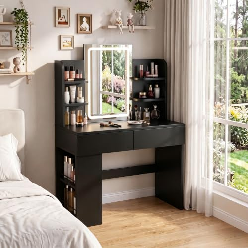 JUMMICO Schminktisch mit Spiegel und Beleuchtung, 3-farbige LED-Beleuchtung, 2 Schubladen, seitlicher Aufbewahrungsschrank, Schwarz, 135x90x40 cm