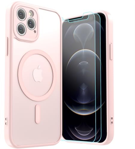 LUNOVATE for iPhone 12 Pro Case, Magnetic 14FT Shockproof Protective Cover, Anti-Slip Texture Translucent Matte Phone Case with 2 Screen Protector for iPhone 12 Pro - Pink Matte