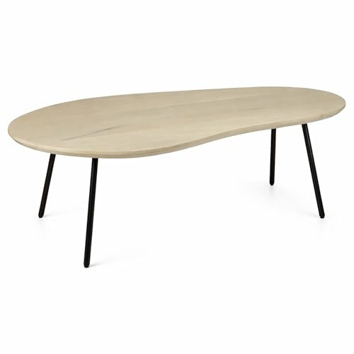 Wohnling Couchtisch Nierenform Mango Massivholz White wash 122 cm - Wohnzimmertisch Holz - Sofatisch Retro - Beistelltisch Metall Gestell - Design Tisch Handmade