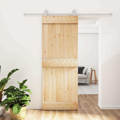 PUGYNBK Moderna porta scorrevole in vetro di pino massello, bianco naturale, 80 x 210 cm, con binario in acciaio verniciato a polvere e meccanismo scorrevole salvaspazio superiore.