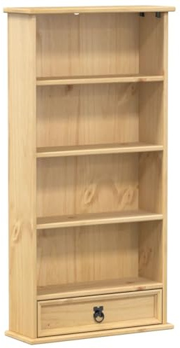 Swpsd CD Cabinet with Drawer and Open Storage, Solid Pine Wood CD DVD Media Storage Tower with Metal Handle, Honey Wax Finish, 5-Tier, for Living Room Office Bedroom 4002781