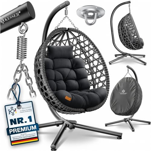 KESSER® Hängesessel mit Gestell Outdoor Indoor Schaukelstuhl Polyrattan 360° 150kg Tragkraft inkl. Polsterkissen & 2in1 Deckenhalterung + Cover – Relaxschaukel - Garten, Balkon, Terrasse, Anthrazit