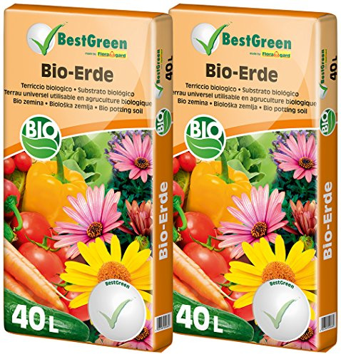 Floragard Bio-Erde 2x40 L - torfreduziert Universalerde - für Zierpflanzen, Gartenpflanzen und Gemüse - mit Bio-Dünger - mit Kompost und Bio-Holzfaser - 80l 002-KAR-0040L erdfarben