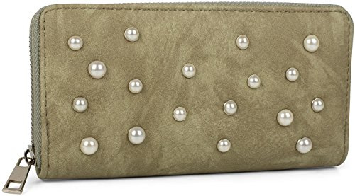 styleBREAKER Damen Geldbörse Perlen Reißverschluss, Oliv | 19x10x2,5 cm, 8 Kartenfächer, 3 Scheinfächer (optional als Handyfach nutzbar), Münzfach, 2 große Einsteckfächer.