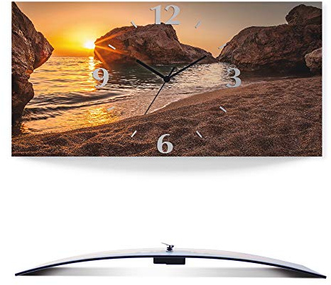 ARTLAND Wanddeko Wanduhr ohne Tickgeräusche Alu Quarzuhr 60x30 cm Rechteckig Lautlos Strand Meer Felsen Sonnenuntergang Sonne Urlaub Maritim S7LF