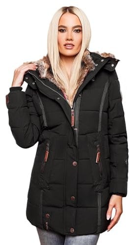 MARIKOO warme Damen Winter Jacke Winterjacke Steppjacke gefüttert Kunstfell B658 [B658-Nek-Schwarz-Gr.XL]