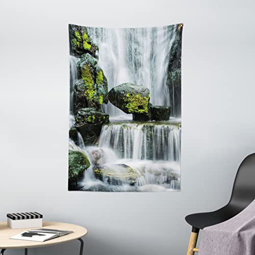 ABAKUHAUS Landschaft Wandteppich, Wasserfall mit Felsen, Wohnzimmer Schlafzimmer Heim Seidiges Satin Wandteppich, 100 x 150 cm, Weiß Schwarz und Grün