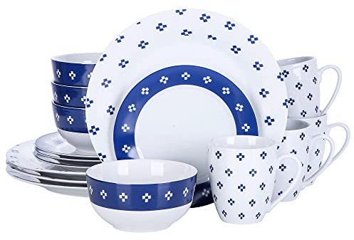 VEWEET, Service de Table Rond en Porcelaine de la série EDWIN - 4 Tasses à Café, Bols, Assiettes à Dessert et Assiettes Plates pour Petit Déjeuner - Blanc/Bleu