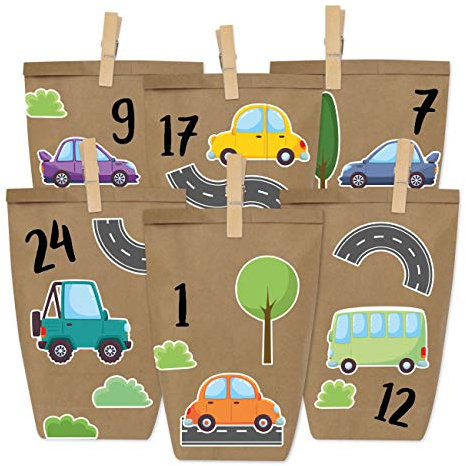 Papierdrachen Adventskalender zum Befüllen - Auto zum Aufkleben - mit 24 braunen Papiertüten und tollen Stickern für Kinder - Weihnachten