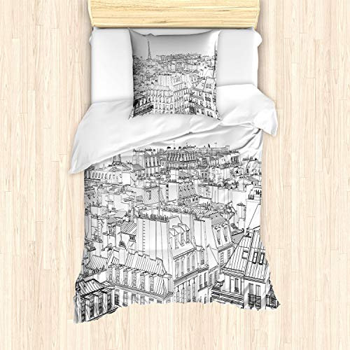 ABAKUHAUS Paris Bettbezug Set, Dächer in Paris und Eiffel, Milbensicher Allergiker geeignet mit Kissenbezügen, 135 cm x 200 cm - 80 x 80 cm, Schwarz und weiß
