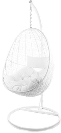 Kideo® Komplettset: Hängesessel mit Gestell & Kissen, Indoor & Outdoor, Poly-Rattan, Lounge (Gestell- und Korbfarbe: weiß, Kissen: weiß Chester-Stepp (1000 Snow))