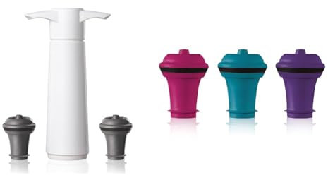 Vacu Vin 09812606 Weinpumpe weiß mit 2 Stopfen & 08850606 Ersatzstopfen farbig 3-er Set