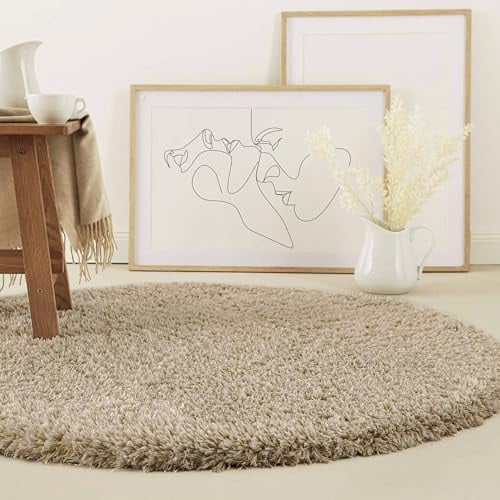 Homie Living Matteo gewebter Teppich, 200 cm rund, Sand | Läufer, modern, einfarbig, kuschelig weich und sehr flauschig, Hochflor bestens geeignet für Wohnzimmer
