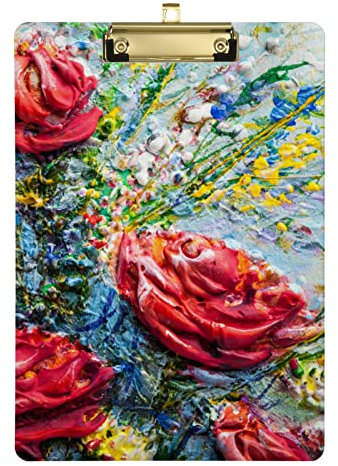 Bouquet de roses - Porte-bloc A4 - Format lettre - Panneau dur décoratif avec clip argenté - 23 x 32 cm - Pour étudiants, infirmières, bureau