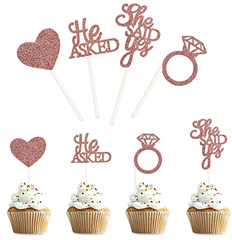 Bymivofun 36 Stück He Asked She Said Yes Cupcake Topper, Diamant Ring Herz Cupcake Topper, für Hochzeit, Verlobung, Brautparty, Junggesellenabschiedsdekoration