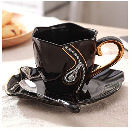 Tumblre Kaffeetasse Diamanten Kreative Teetassen Kaffeetasse mit Untertassen und Löffeln Dekoration Tassen Set (Schwarz)