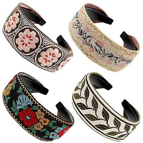 4 Stücke Boho Stirnband Handgemachte Stickerei Böhmen Blumen Breite Stirnbänder Vintage Ethno Stil Haarband für Frauen Mädchen Haarschmuck