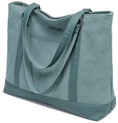 Canvas Laptop Tote Arbeitstasche für Frauen mit 15,6 Zoll Computerfach Taschen, Grün, Large