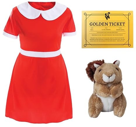 Girls Spoilt Golden Ticket Winner Costume - Small - Red Dress with White Collar, Golden Ticket and a Plush Squirrel Toy - Childs TV/Film World Book Day Fancy Dress Costume