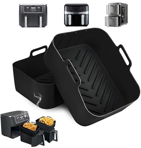 Hivio Silicone Air Fryer Liner for Ninja Dual AF400UK/SL400UK & Tower T17088, 2pcs Thickened and Larger Liners, Reusable Accessories AF451UK 9.5L&Ninja Double Stack XL, Black