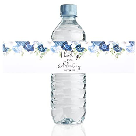 URROMA Lot de 50 étiquettes pour Bouteille d'eau de Mariage, Motif Roses Blanches et Bleues - Autocollants pour Bouteille d'eau - pour Anniversaire, fête prénatale