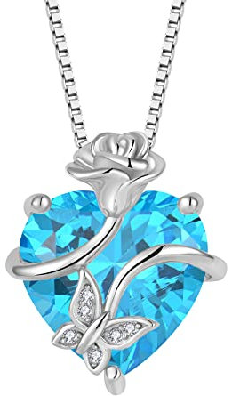 FJ Collier Papillon pour Femme Argent Sterling 925 Collier Aigue-Marine Coeur Pendentif Pierre de Naissance Mars Collier Fleur Rose Bijoux pour Femme